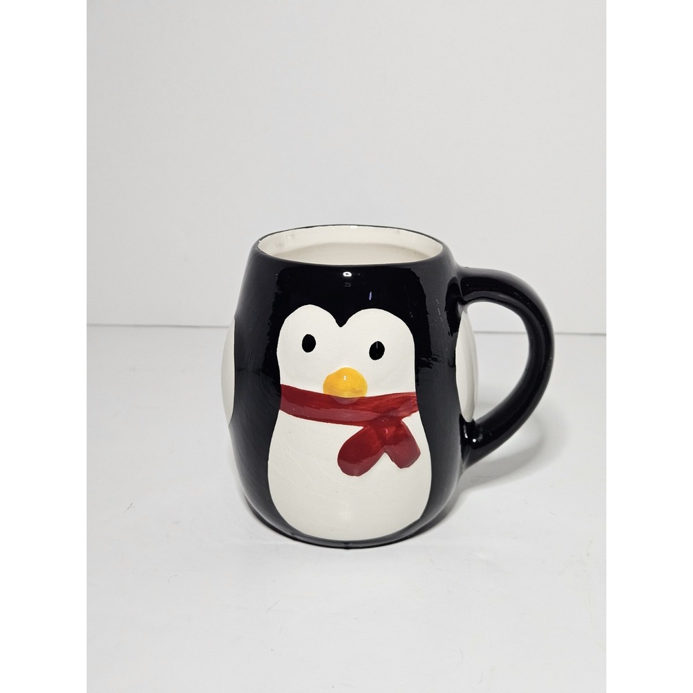 Walmart Penguin Coffee Mug 3D Raised Ceramic Tea Cup Winter Holiday Scarf Black